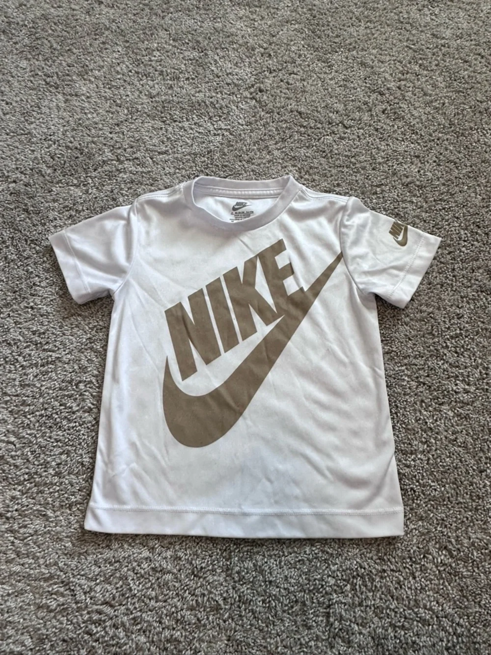 Nike White Kids Tee with Gold Swoosh Logo